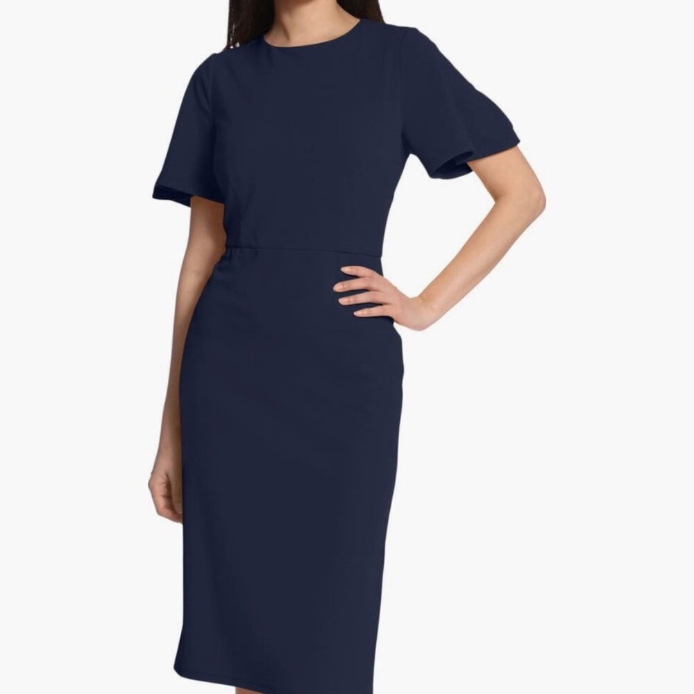 Maggie London Flutter Sleeves Midi Sheath Dress in Twilight Navy